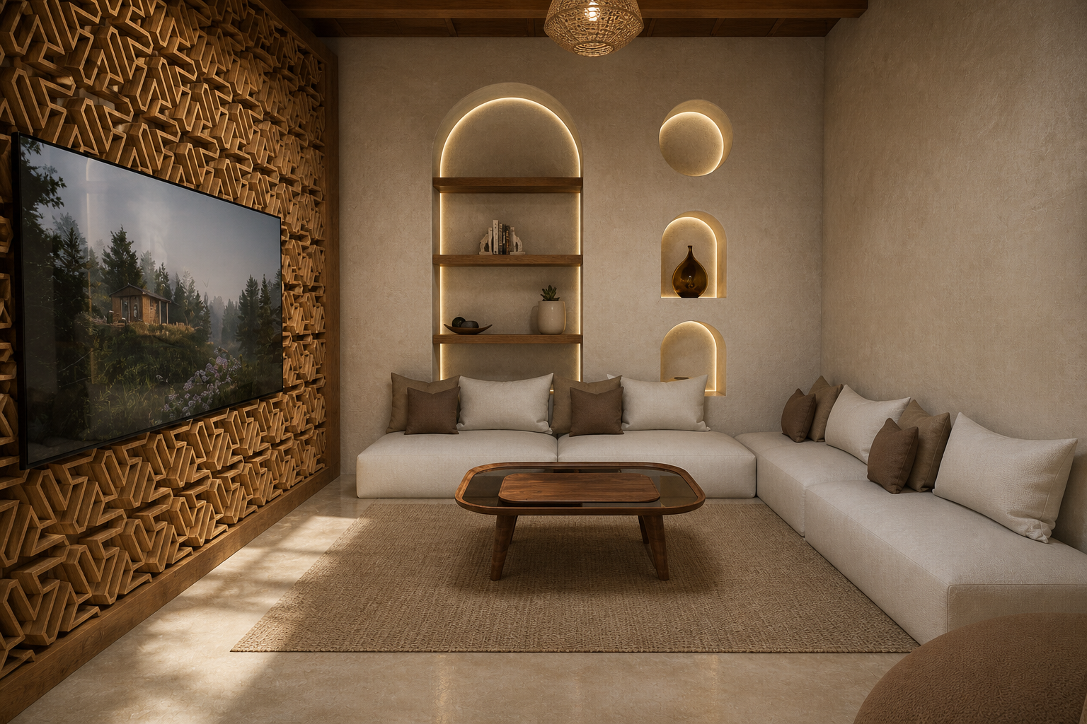 Un salon pensé comme un espace de convivialité et de sérénité, où les formes douces et les niches architecturales créent un rythme visuel apaisant.Les assises généreuses, les matières naturelles et les teintes claires composent une atmosphère lumineuse et chaleureuse. 🤍