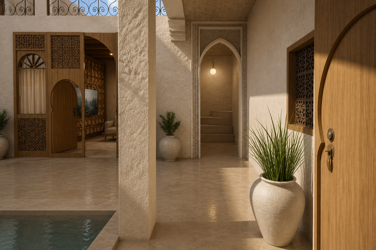 Ce patio central a été pensé comme un véritable cœur de vie, où la lumière naturelle, l’eau et les matières minérales dialoguent en parfaite harmonie.Les arches sculptées, les portes en bois finement travaillées et les motifs artisanaux réinterprétés apportent une âme authentique, sublimée par une conception 3D ultra réaliste.