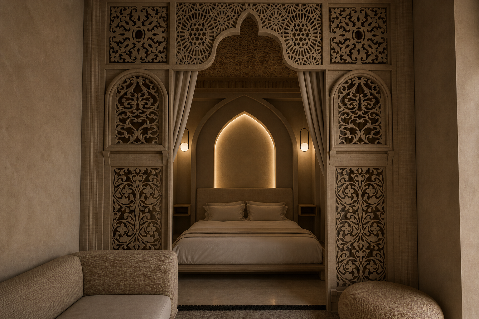 Les arches sculptées, les motifs artisanaux, le plafond travaillé et l’éclairage indirect enveloppent l’espace d’une ambiance douce et apaisante, idéale pour une chambre haut de gamme ou une suite de riad.Un lieu pensé pour le repos, le silence et l’émotion, où le design raconte une histoire.