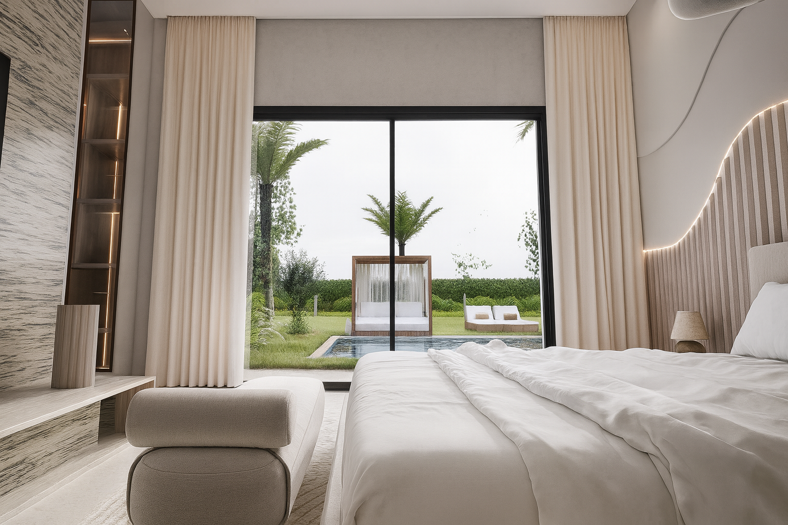 Un univers apaisant où la douceur des matières rencontre la pureté des lignes.Cette chambre moderne est pensée comme un cocon lumineux, où le bois clair, les textures naturelles et les jeux de lumière créent une harmonie élégante et intemporelle.