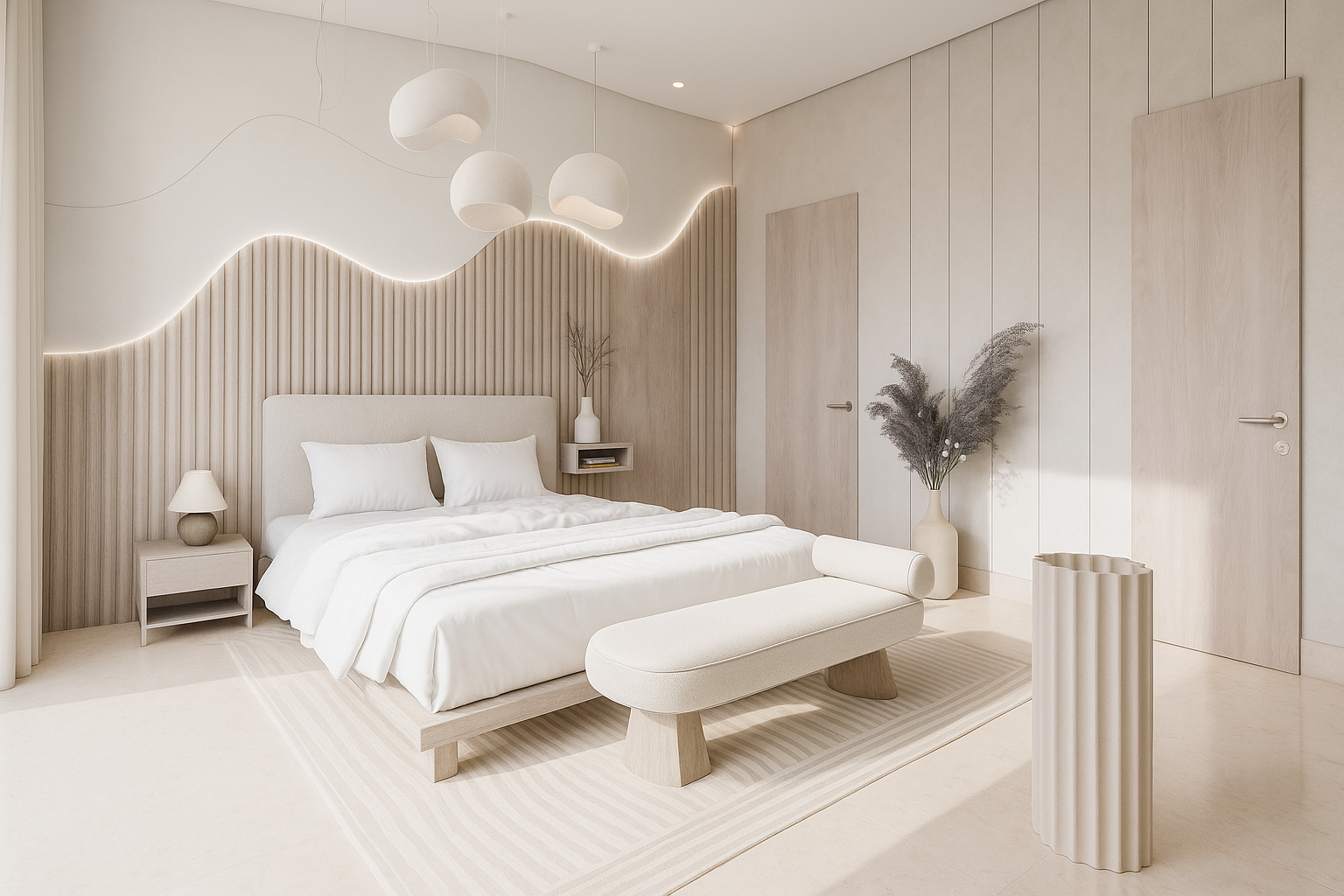 Un univers apaisant où la douceur des matières rencontre la pureté des lignes.Cette chambre moderne est pensée comme un cocon lumineux, où le bois clair, les textures naturelles et les jeux de lumière créent une harmonie élégante et intemporelle.