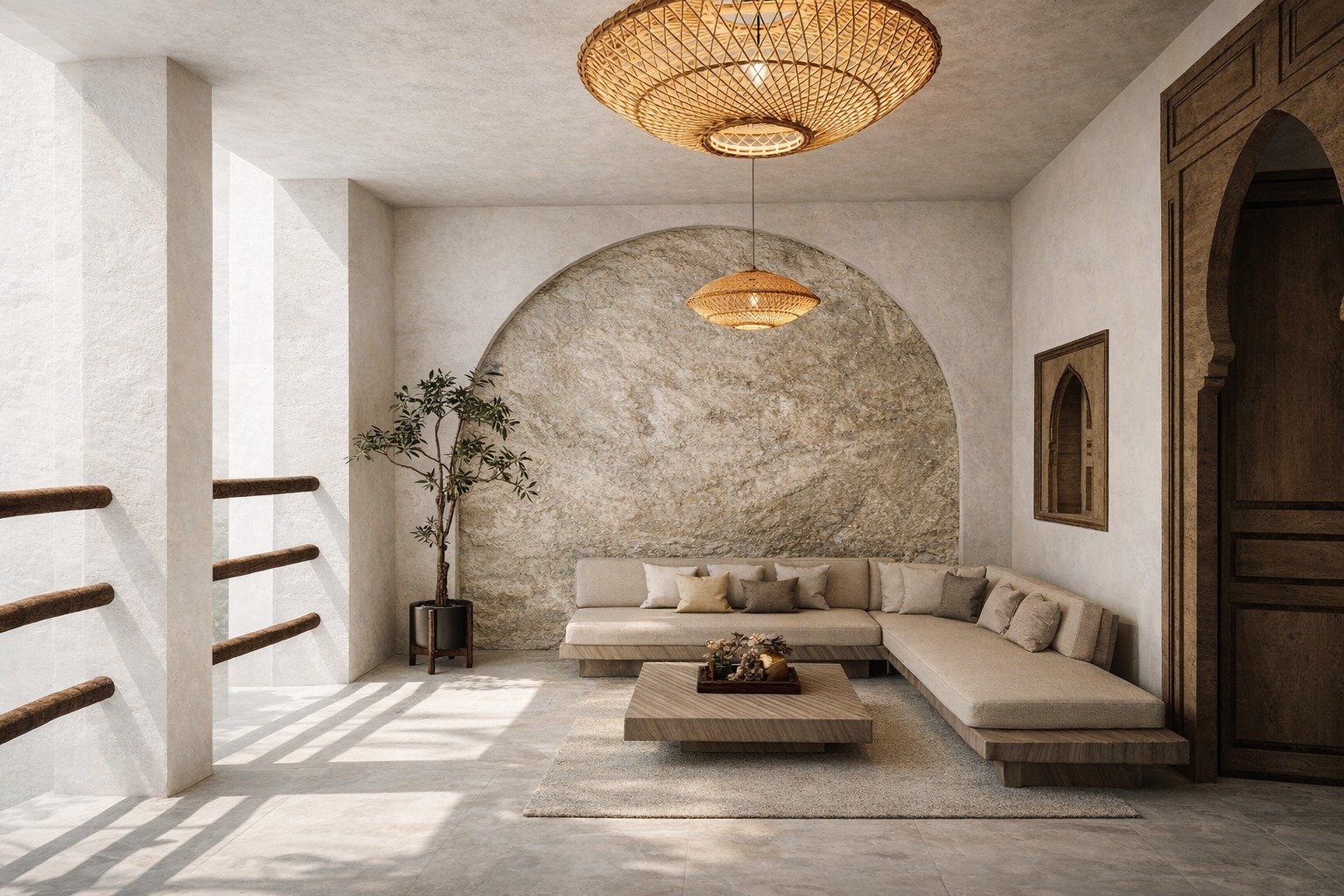 Un espace pensé comme une transition douce entre intérieur et extérieur, où les matières minérales et les formes architecturales créent une atmosphère apaisante et intemporelle.L’arche monumentale structure le lieu et apporte une présence à la fois forte et enveloppante. 🤍