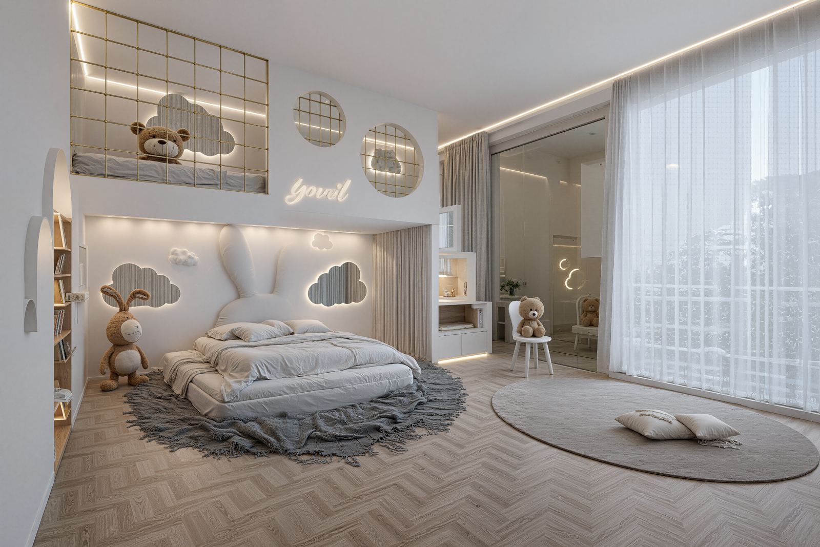 Un univers ludique et raffiné, pensé pour accompagner l’imaginaire avec style.Volumes généreux, lignes douces, éclairage subtil et détails sur mesure composent une chambre chaleureuse, contemporaine et pleine de caractère. 🚀🤍