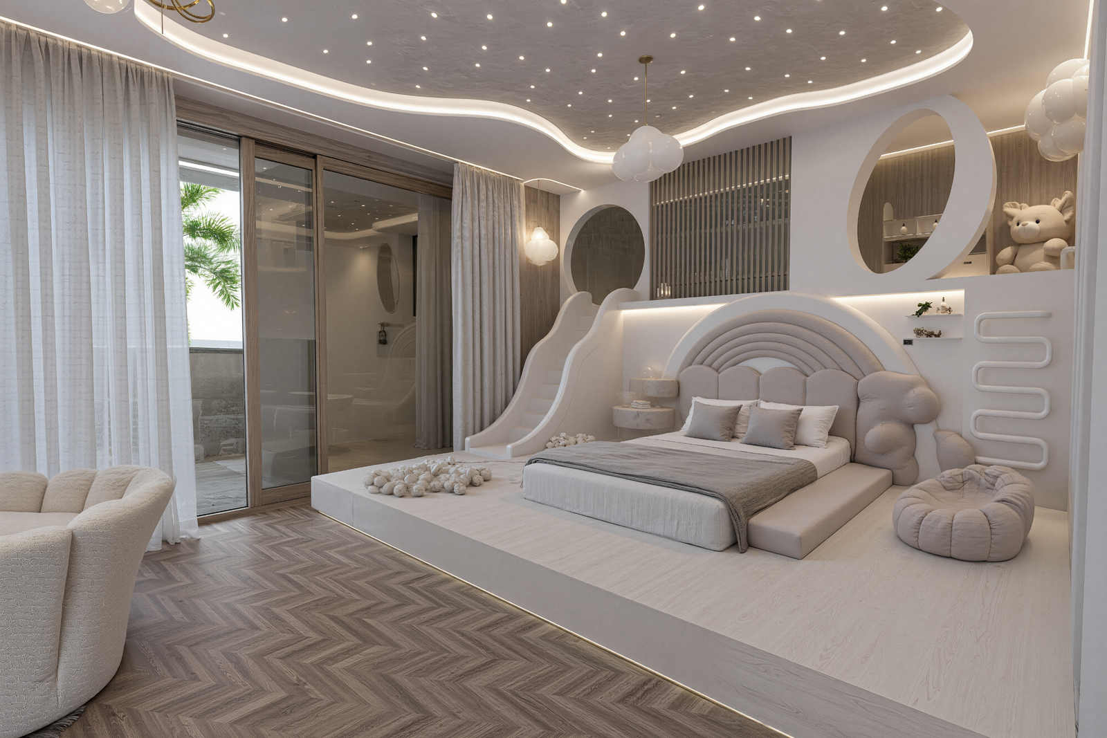 Un cocon délicat pensé comme un univers de rêve, entre douceur, élégance et imagination.Les lignes courbes, la palette apaisante et les jeux de lumière subtils créent une atmosphère raffinée, poétique et résolument contemporaine. 🤍🌿