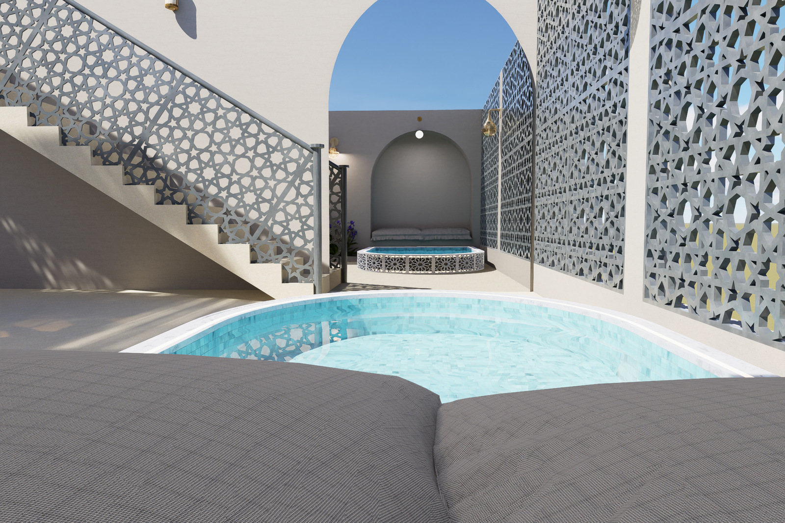 Un rooftop imaginé comme une véritable parenthèse de fraîcheur et de détente, où l’eau, la lumière et les motifs Slimaniya dialoguent avec élégance. Le bassin décoratif, les moucharabiehs revisités et les volumes épurés composent une ambiance contemporaine profondément ancrée dans l’identité marocaine. 🌿💧