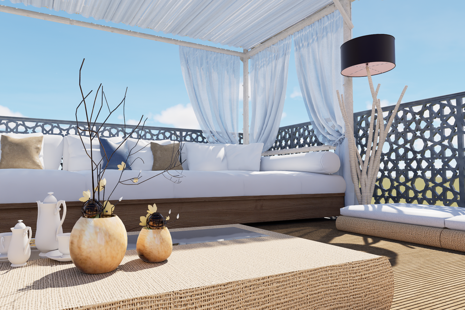 Un coin pensé comme une véritable oasis suspendue, où le confort du daybed, la douceur des rideaux et la chaleur des matières naturelles créent une atmosphère intime et raffinée. Les touches lumineuses et la vue dégagée renforcent le caractère paisible et exclusif de l’espace. 🌙🌿