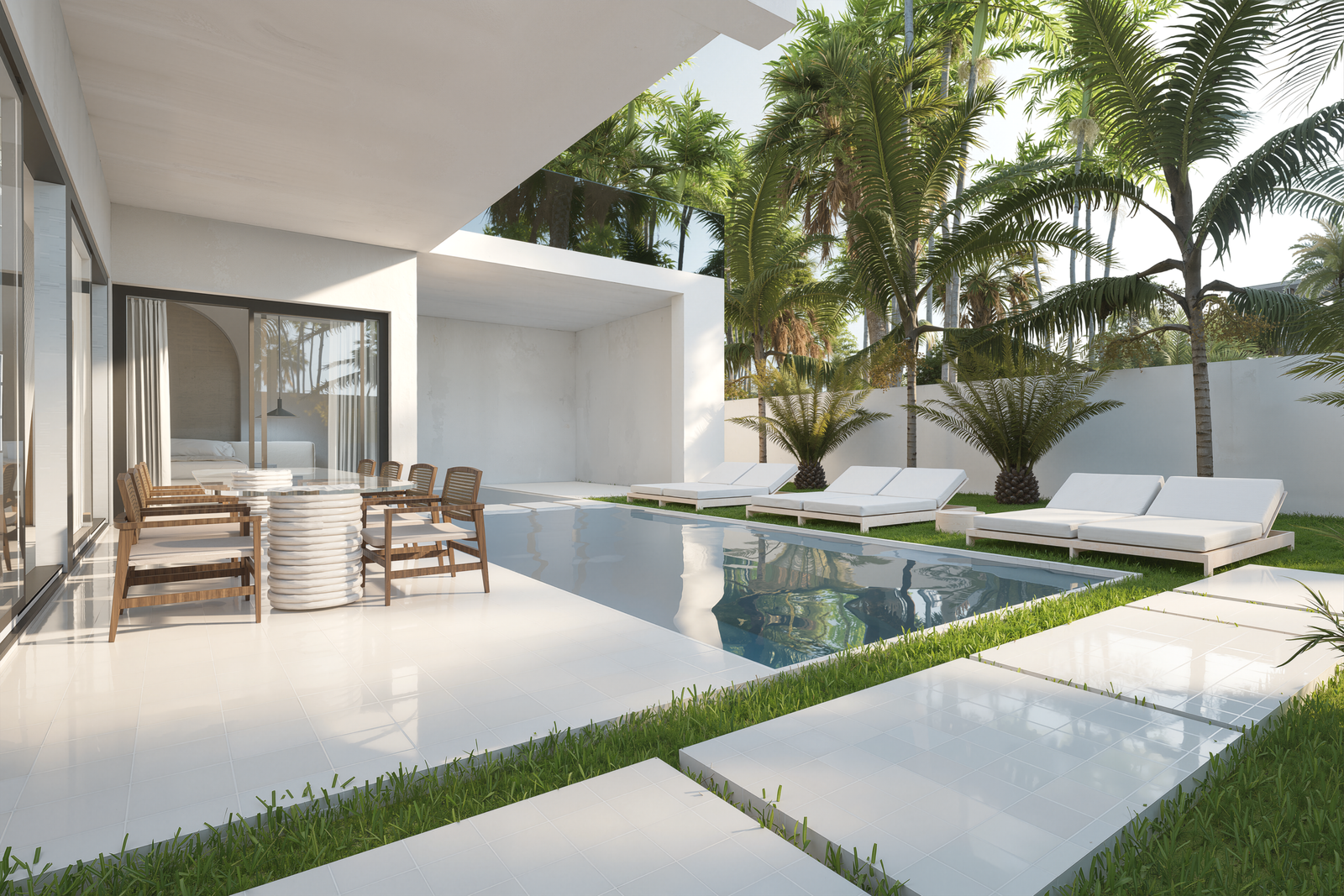 Un coin pensé comme une invitation au calme, entre soleil, verdure et architecture contemporaine. Les transats, les lignes épurées et l’ouverture sur le paysage créent une ambiance élégante, apaisante et résolument méditerranéenne. 🌴☀️