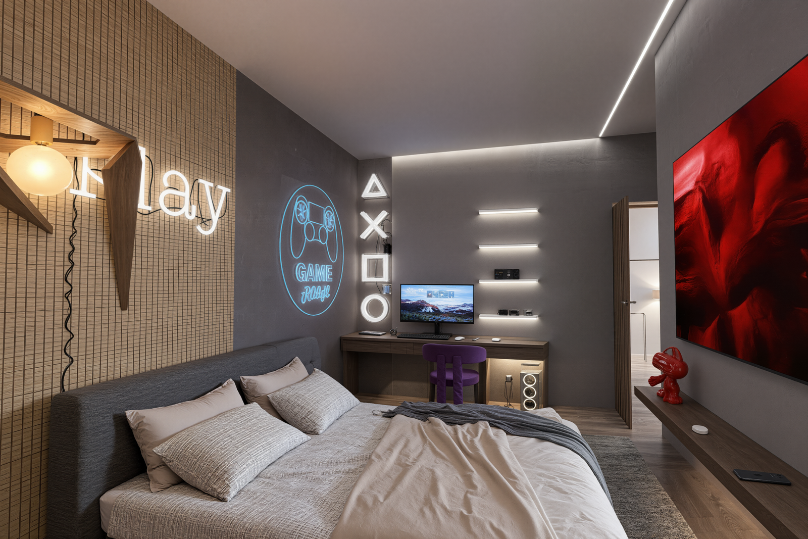 Un univers pensé pour allier repos, style et passion du jeu. La chambre adopte une ambiance contemporaine et immersive, avec des contrastes marqués, un éclairage graphique et un coin gaming intégré pour créer un espace à la fois confortable et dynamique. 🎮🖤