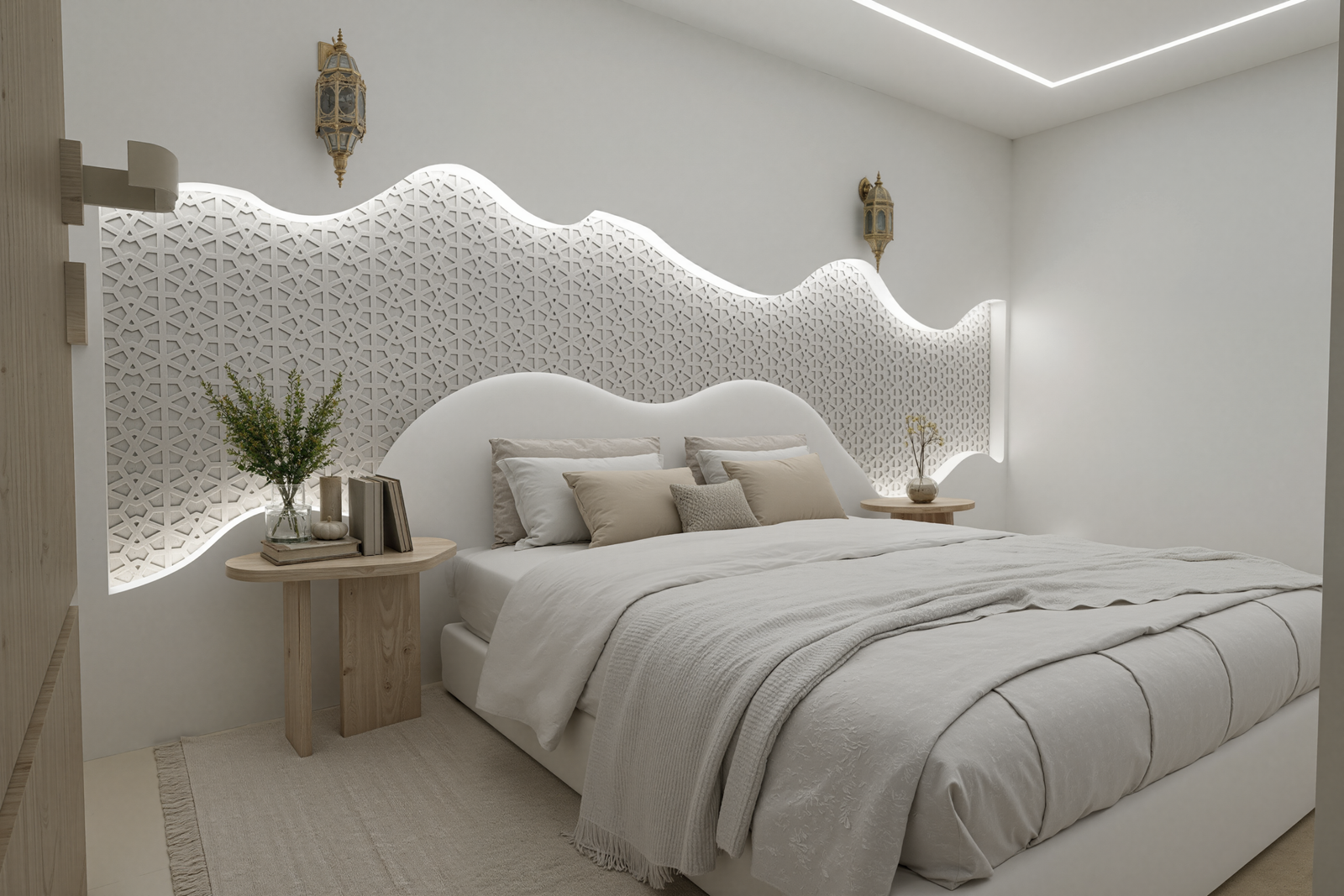 Une suite parentale élégante inspirée de l’architecture marocaine contemporaine, où minimalisme et artisanat traditionnel se rencontrent dans une ambiance douce et apaisante. 🤍