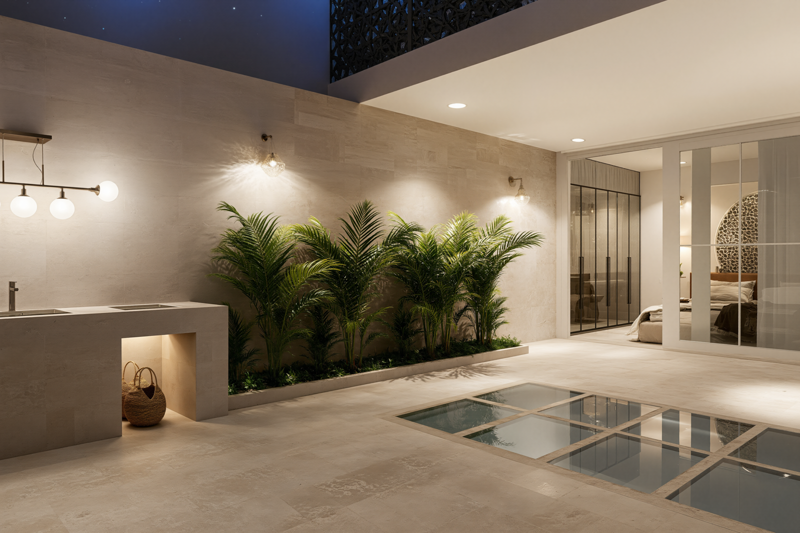 Un espace extérieur pensé comme une véritable oasis urbaine, où la verrière apporte lumière, protection et continuité visuelle entre intérieur et extérieur. La terrasse se distingue par ses lignes épurées, sa végétation généreuse et l’atmosphère douce créée par les jeux d’ombre et de lumière. 🌿☀️