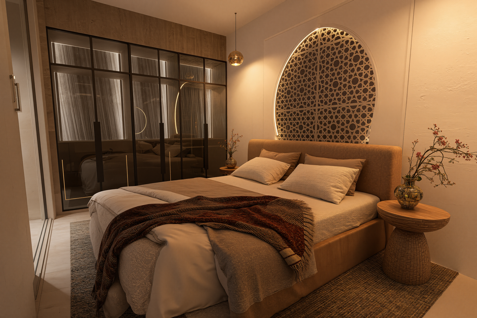 Un espace intime et chaleureux, pensé comme une véritable suite ouverte sur le rooftop. La chambre associe douceur des matières, lumière tamisée et détails architecturaux inspirés de l’artisanat marocain, tandis que le dressing intégré apporte fonctionnalité et élégance au quotidien. 🤍
