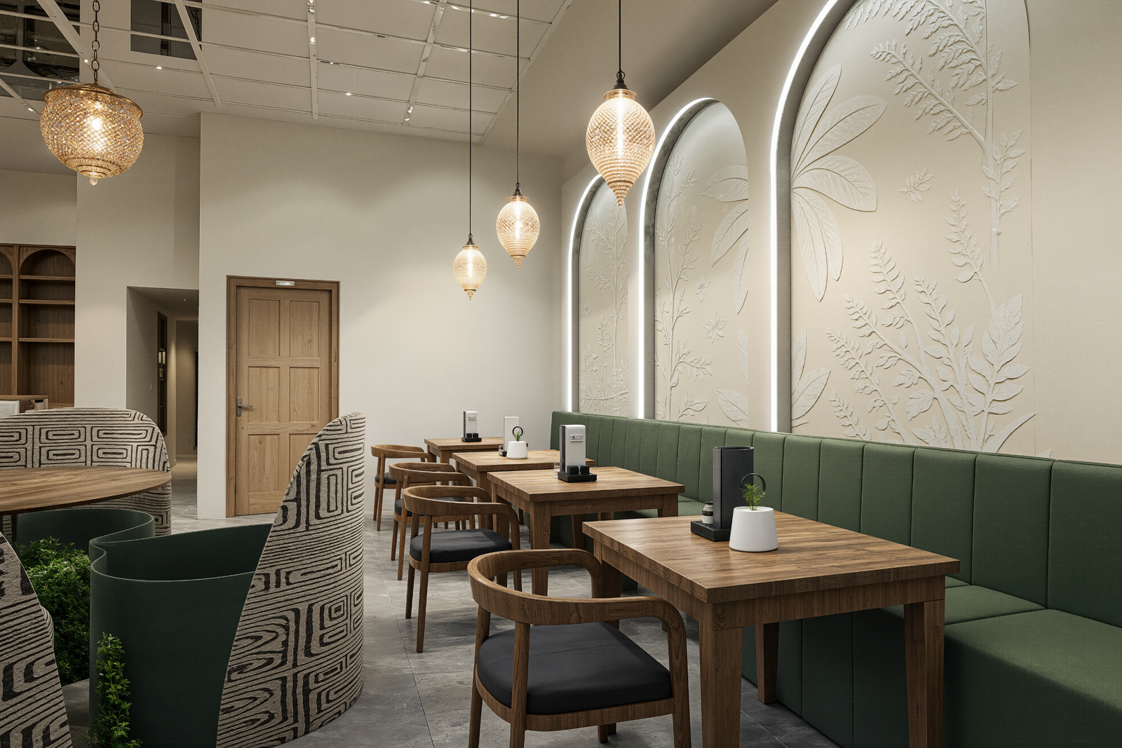 Un lieu pensé comme une véritable expérience.
L’architecture intérieure associe élégance contemporaine, matières chaleureuses et atmosphère végétale pour créer un cadre raffiné, vivant et mémorable. 🍽️🌿