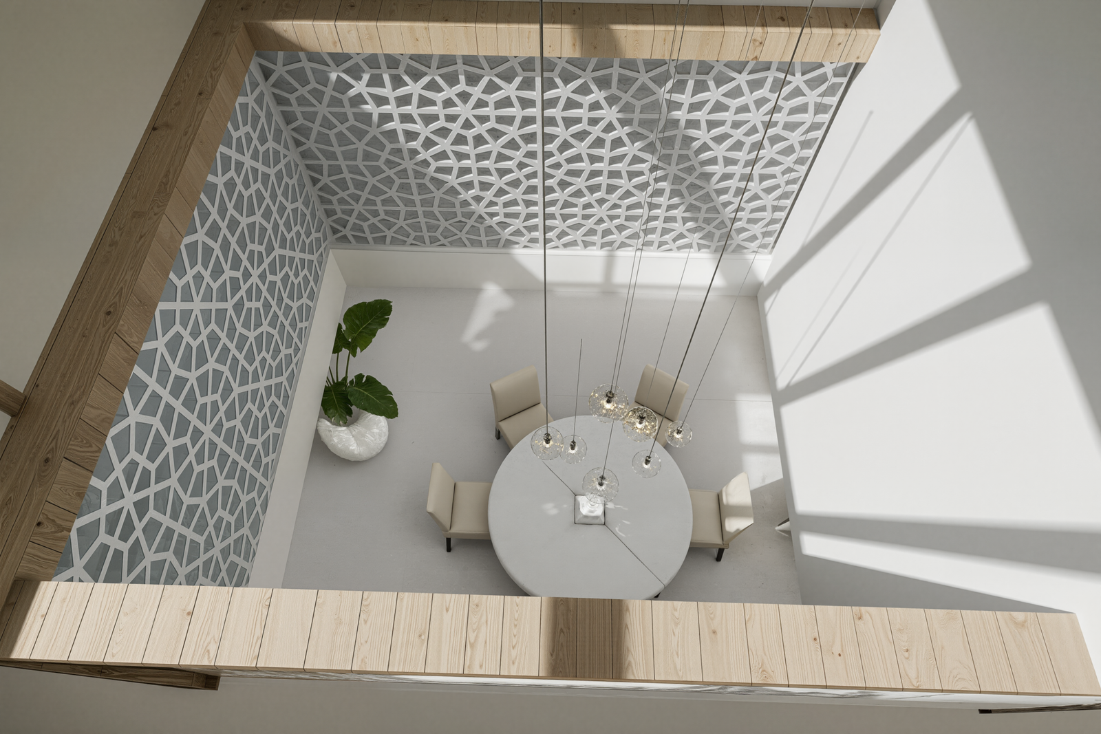 Une douwaya lumineuse et apaisante où architecture contemporaine et inspirations marocaines s’unissent dans une composition minimaliste et élégante. Véritable cœur du riad, cet espace vertical met en valeur la lumière naturelle, les lignes épurées et les détails géométriques inspirés de l’artisanat marocain. 🤍