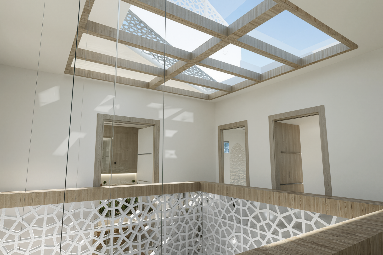 Une douwaya lumineuse et apaisante où architecture contemporaine et inspirations marocaines s’unissent dans une composition minimaliste et élégante. Véritable cœur du riad, cet espace vertical met en valeur la lumière naturelle, les lignes épurées et les détails géométriques inspirés de l’artisanat marocain. 🤍