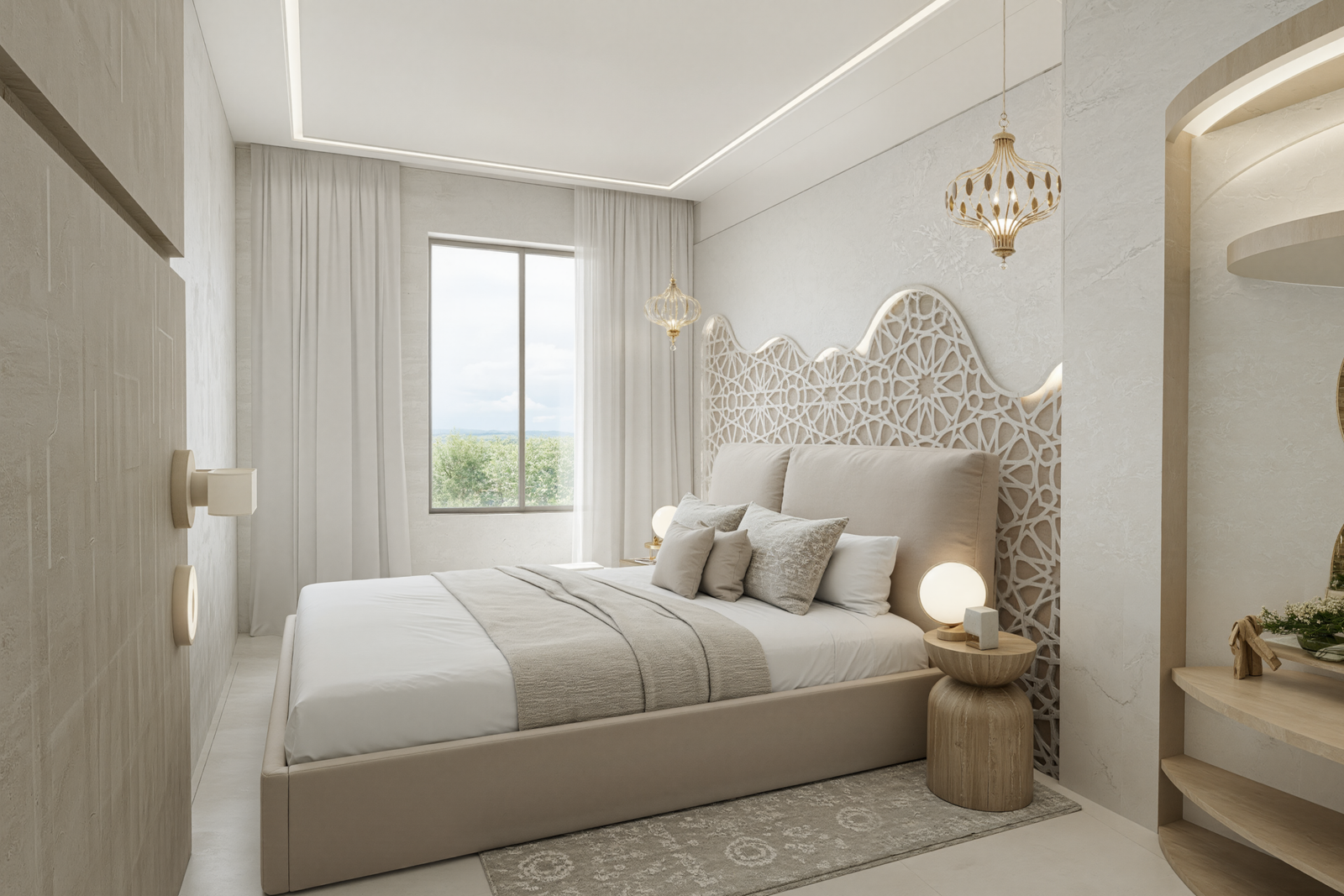 Une suite invités élégante et apaisante où le raffinement minimaliste rencontre les inspirations artisanales marocaines. Conçue comme un véritable cocon de sérénité, cette chambre met en valeur des lignes douces, des textures lumineuses et une atmosphère chaleureuse inspirée du style beldi chic. 🤍