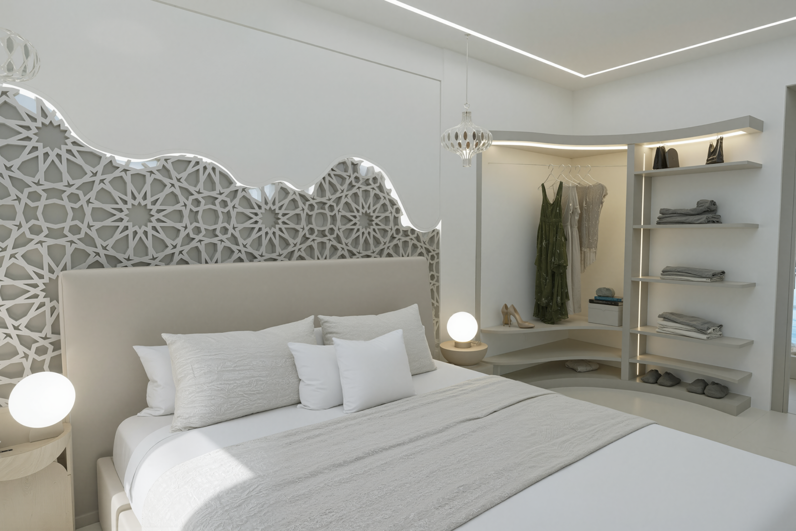 Une suite invités élégante et apaisante où le raffinement minimaliste rencontre les inspirations artisanales marocaines. Conçue comme un véritable cocon de sérénité, cette chambre met en valeur des lignes douces, des textures lumineuses et une atmosphère chaleureuse inspirée du style beldi chic. 🤍