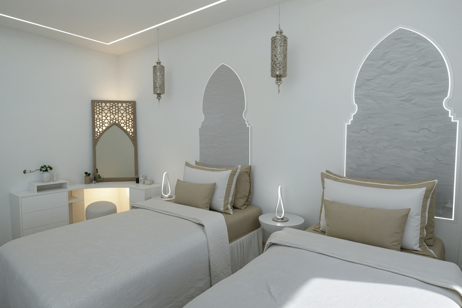 Une chambre enfants douce et lumineuse où le minimalisme contemporain rencontre les inspirations marocaines dans une ambiance apaisante et élégante. Pensé comme un espace de repos et de sérénité, cet intérieur associe lignes épurées, matières naturelles et détails architecturaux raffinés. 🤍