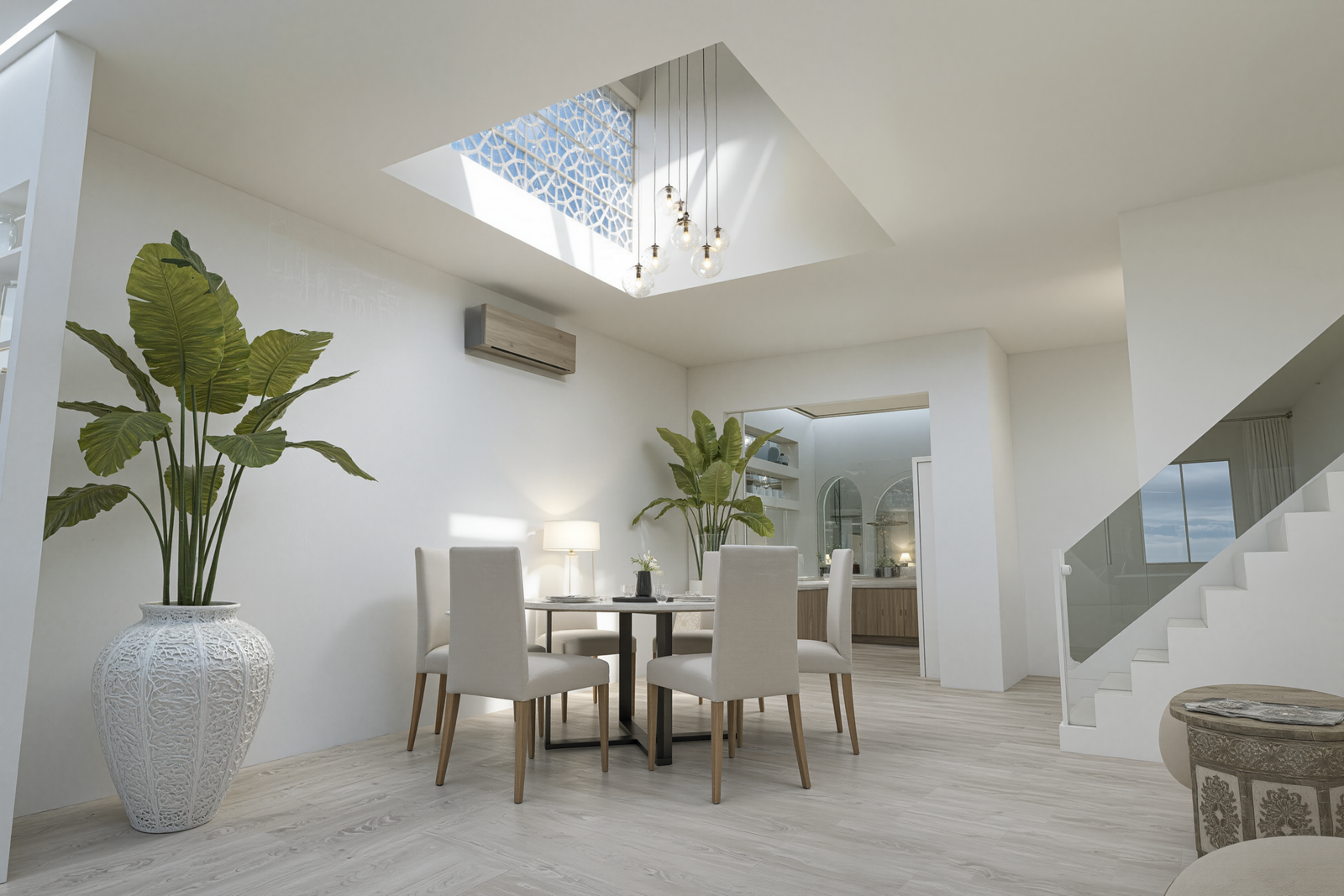 Une salle à manger lumineuse et épurée où minimalisme contemporain et inspirations marocaines s’unissent avec élégance. Pensé comme un espace de partage et de sérénité, cet intérieur met en avant des lignes simples, des matières naturelles et une atmosphère apaisante. 🤍