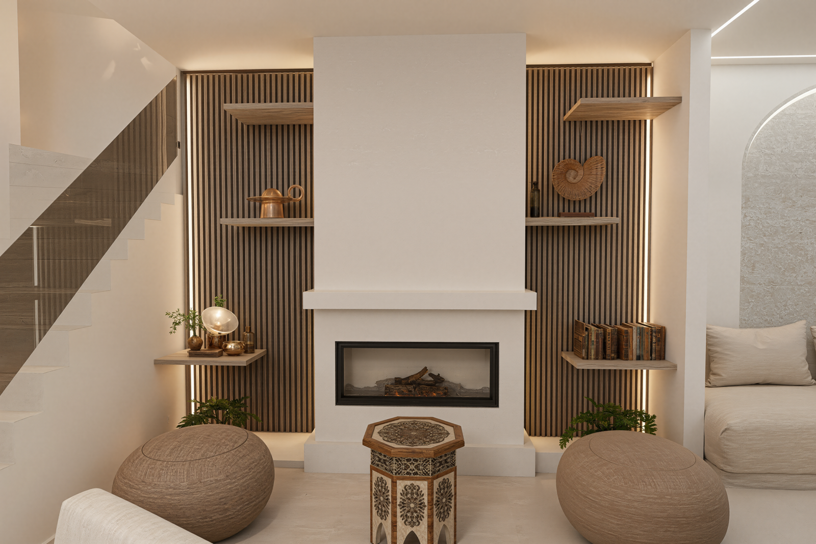 Un espace chaleureux et raffiné où minimalisme contemporain et inspirations beldi chic se rencontrent autour d’une cheminée centrale élégante. Cette composition architecturale crée un véritable point focal au cœur du riad, mêlant douceur des matières, lumière indirecte et détails artisanaux subtils. 🤍