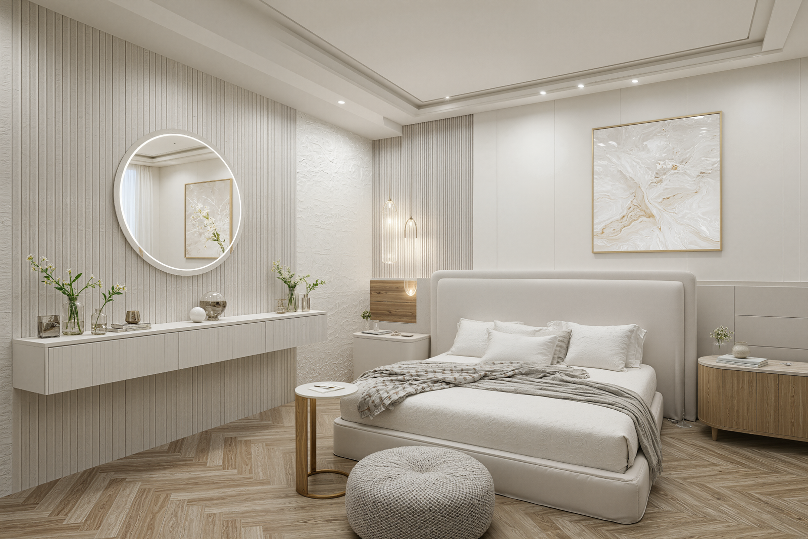 Un espace pensé comme un véritable refuge de calme et de raffinement.Lignes douces, palette minérale, jeux de textures et lumière maîtrisée composent une atmosphère élégante, apaisante et intemporelle. 🤍
