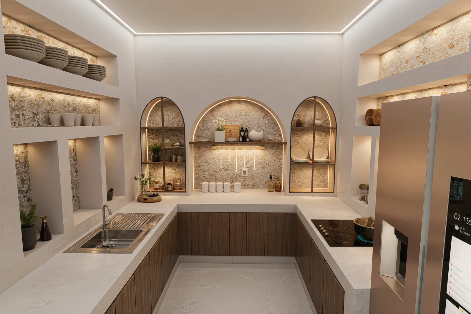 Une cuisine élégante et chaleureuse où le minimalisme contemporain rencontre l’authenticité des inspirations marocaines. Pensé comme un espace à la fois fonctionnel et raffiné, ce design met en valeur des matériaux naturels, des niches architecturales décoratives et une ambiance lumineuse apaisante. 🤍