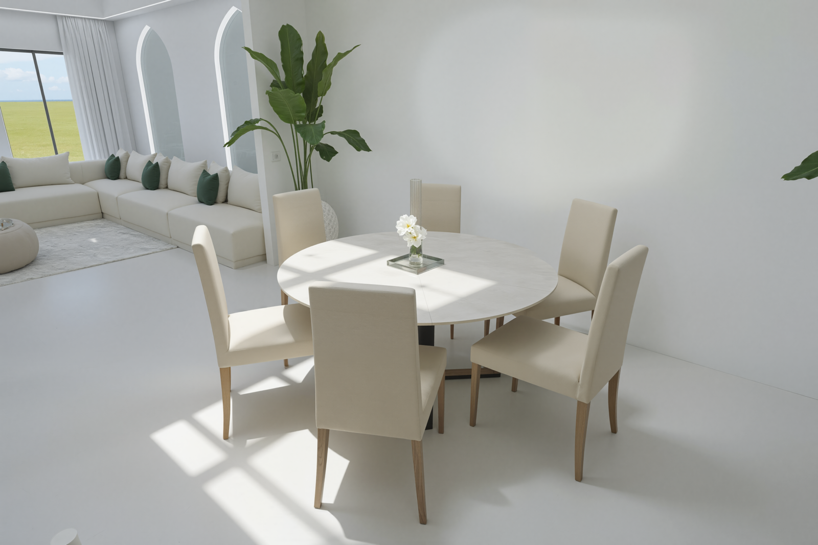 Une salle à manger lumineuse et épurée où minimalisme contemporain et inspirations marocaines s’unissent avec élégance. Pensé comme un espace de partage et de sérénité, cet intérieur met en avant des lignes simples, des matières naturelles et une atmosphère apaisante. 🤍