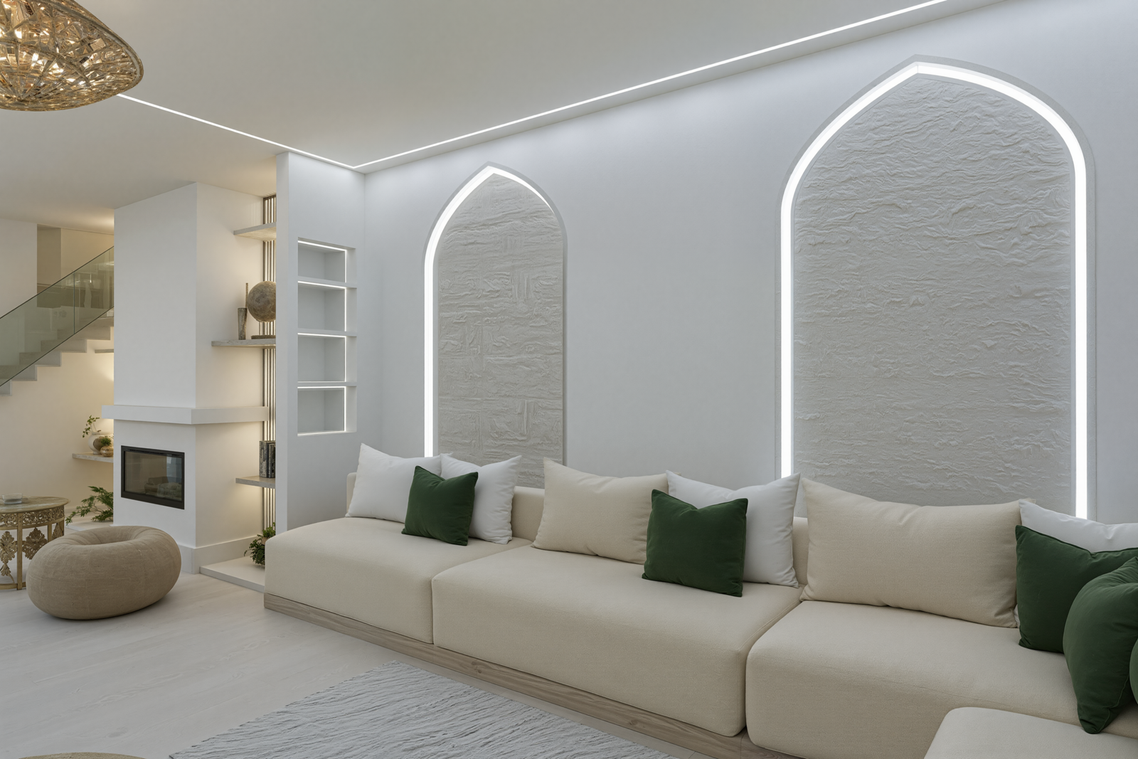 Un salon raffiné où l’élégance contemporaine rencontre l’authenticité du style beldi marocain. Pensé comme un espace de convivialité et de détente, cet intérieur lumineux se distingue par ses lignes épurées, ses arches sculpturales et son ambiance apaisante. 🤍
