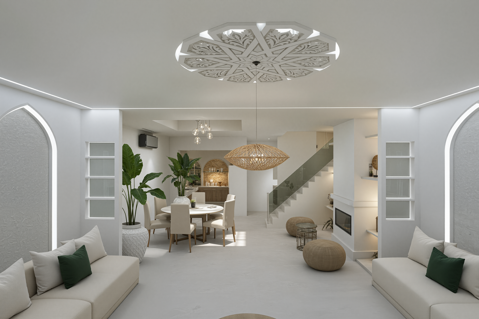 Un salon raffiné où l’élégance contemporaine rencontre l’authenticité du style beldi marocain. Pensé comme un espace de convivialité et de détente, cet intérieur lumineux se distingue par ses lignes épurées, ses arches sculpturales et son ambiance apaisante. 🤍
