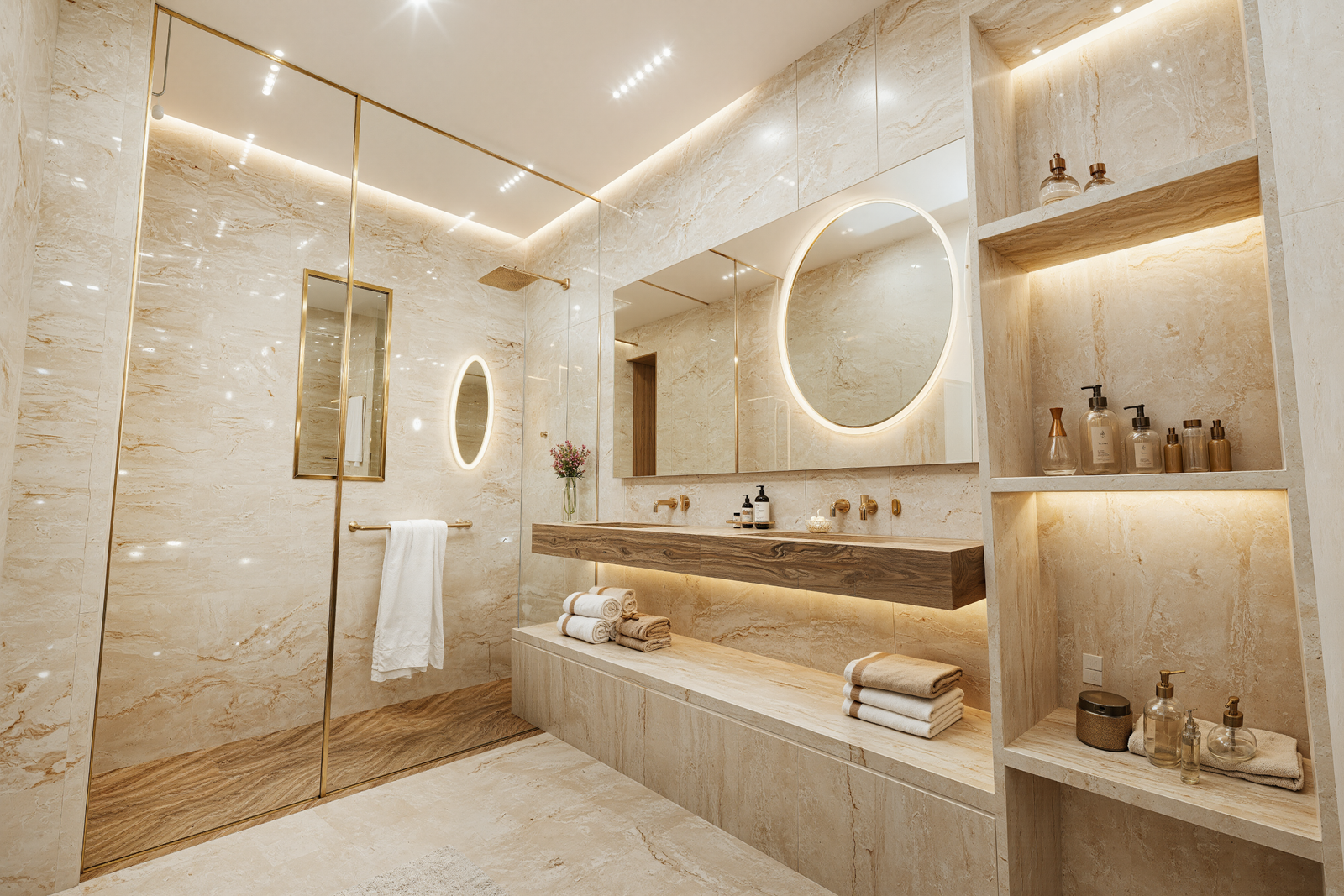 Un espace pensé comme une expérience de bien-être absolu.Marbres chaleureux, finitions élégantes, éclairage subtil et lignes épurées composent une atmosphère raffinée, digne d’un intérieur d’exception. 🚿🤍