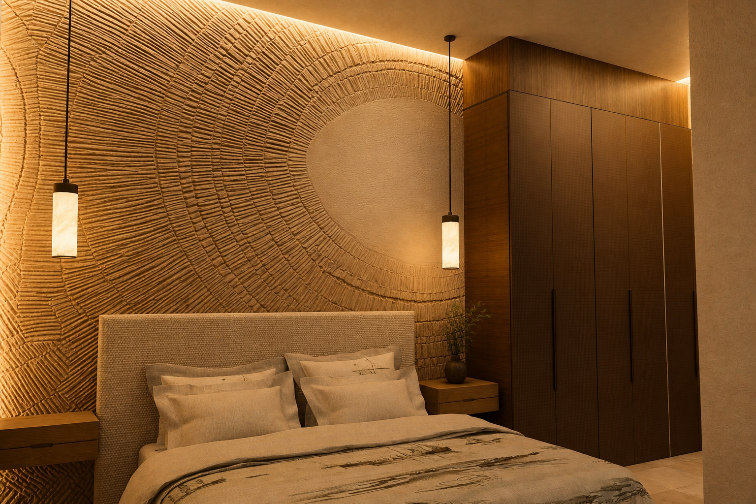 Un espace pensé comme un cocon complet, où la chambre et la salle de bains dialoguent dans une même atmosphère chaleureuse, sculpturale et apaisante. Les arches, les matières texturées et les éclairages doux composent une suite intime, élégante et pleine de caractère. 🤍