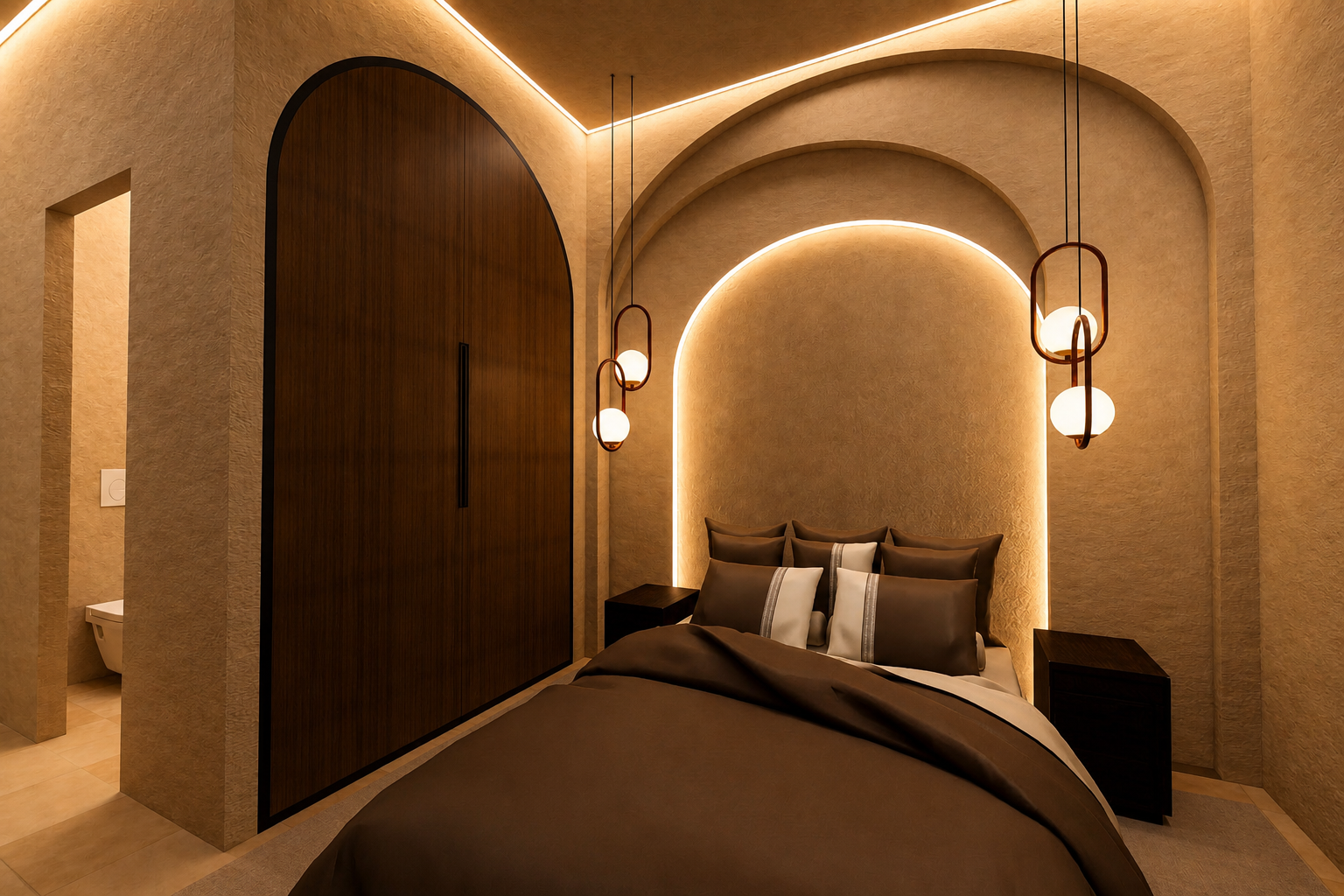 Un ensemble intime et raffiné, où la chambre et la salle de bains dialoguent dans une continuité douce et élégante. Les arches lumineuses, les matières texturées et la palette chaude créent une atmosphère enveloppante, pensée pour le confort et la sérénité. 🤍