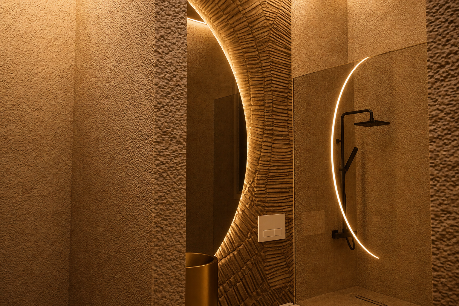 Un espace pensé comme un cocon complet, où la chambre et la salle de bains dialoguent dans une même atmosphère chaleureuse, sculpturale et apaisante. Les arches, les matières texturées et les éclairages doux composent une suite intime, élégante et pleine de caractère. 🤍