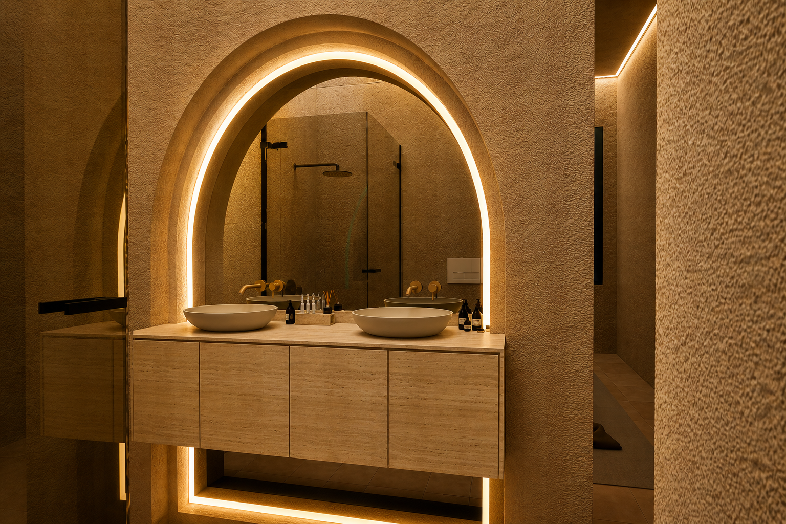 Un ensemble intime et raffiné, où la chambre et la salle de bains dialoguent dans une continuité douce et élégante. Les arches lumineuses, les matières texturées et la palette chaude créent une atmosphère enveloppante, pensée pour le confort et la sérénité. 🤍