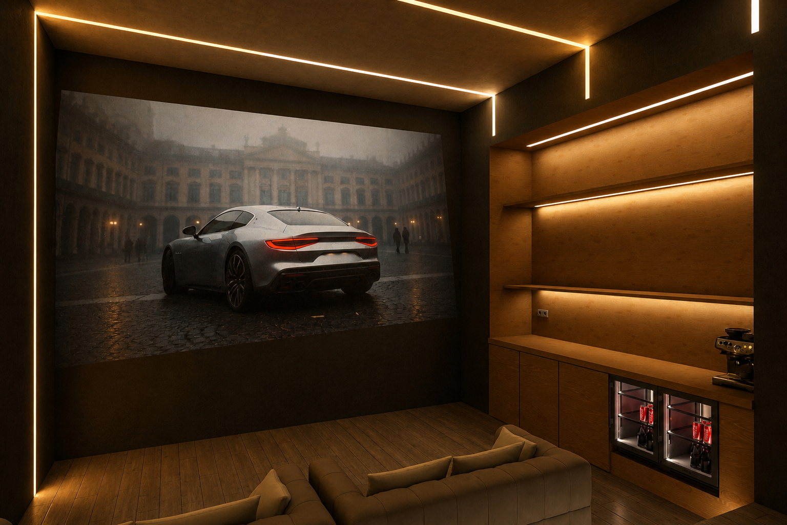 Un espace pensé comme une expérience immersive, où la lumière et les matières enveloppent chaque instant. Les lignes lumineuses intégrées structurent l’architecture et guident le regard, créant une ambiance feutrée, intime et résolument contemporaine. 🎬
