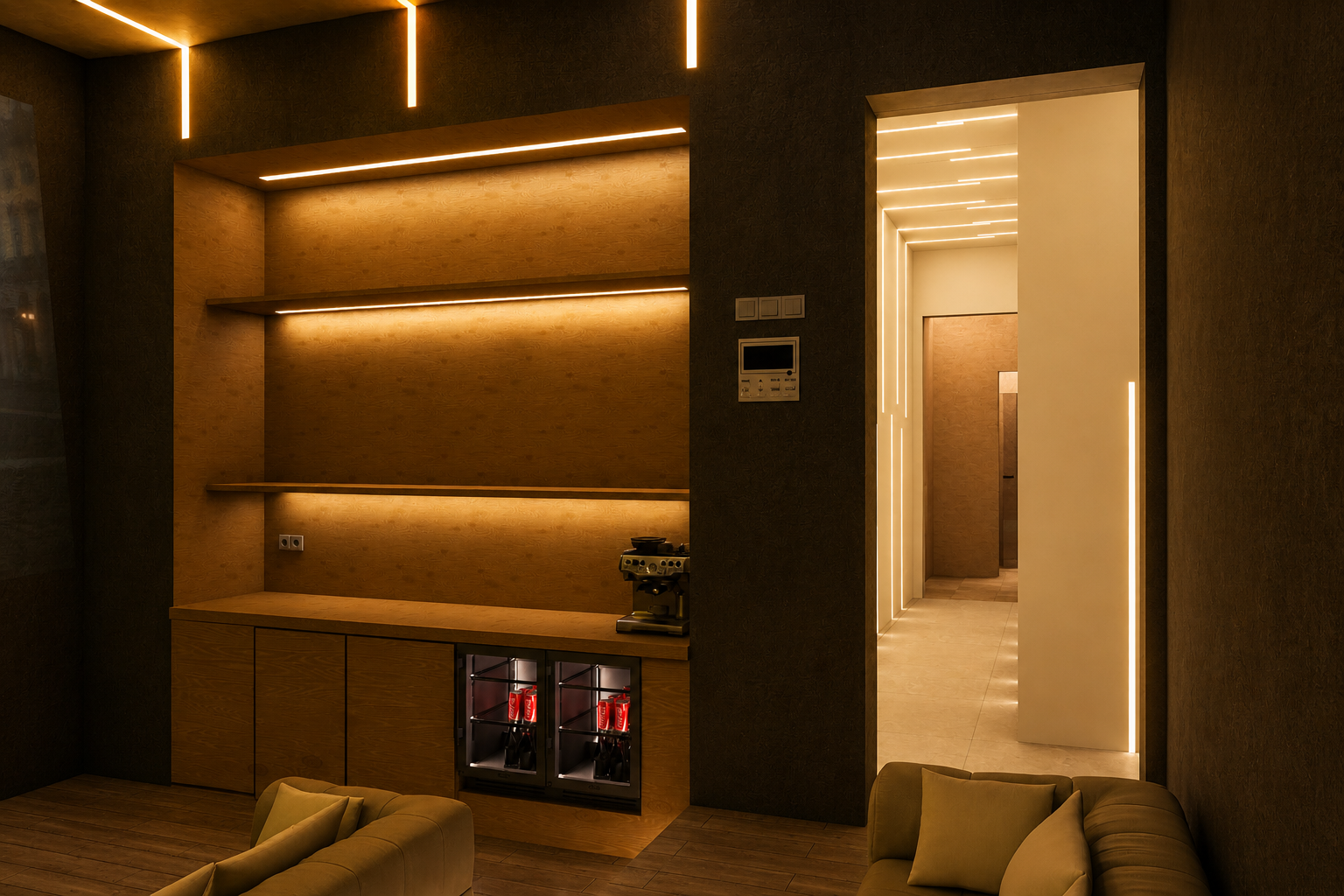 Un espace pensé comme une expérience immersive, où la lumière et les matières enveloppent chaque instant. Les lignes lumineuses intégrées structurent l’architecture et guident le regard, créant une ambiance feutrée, intime et résolument contemporaine. 🎬