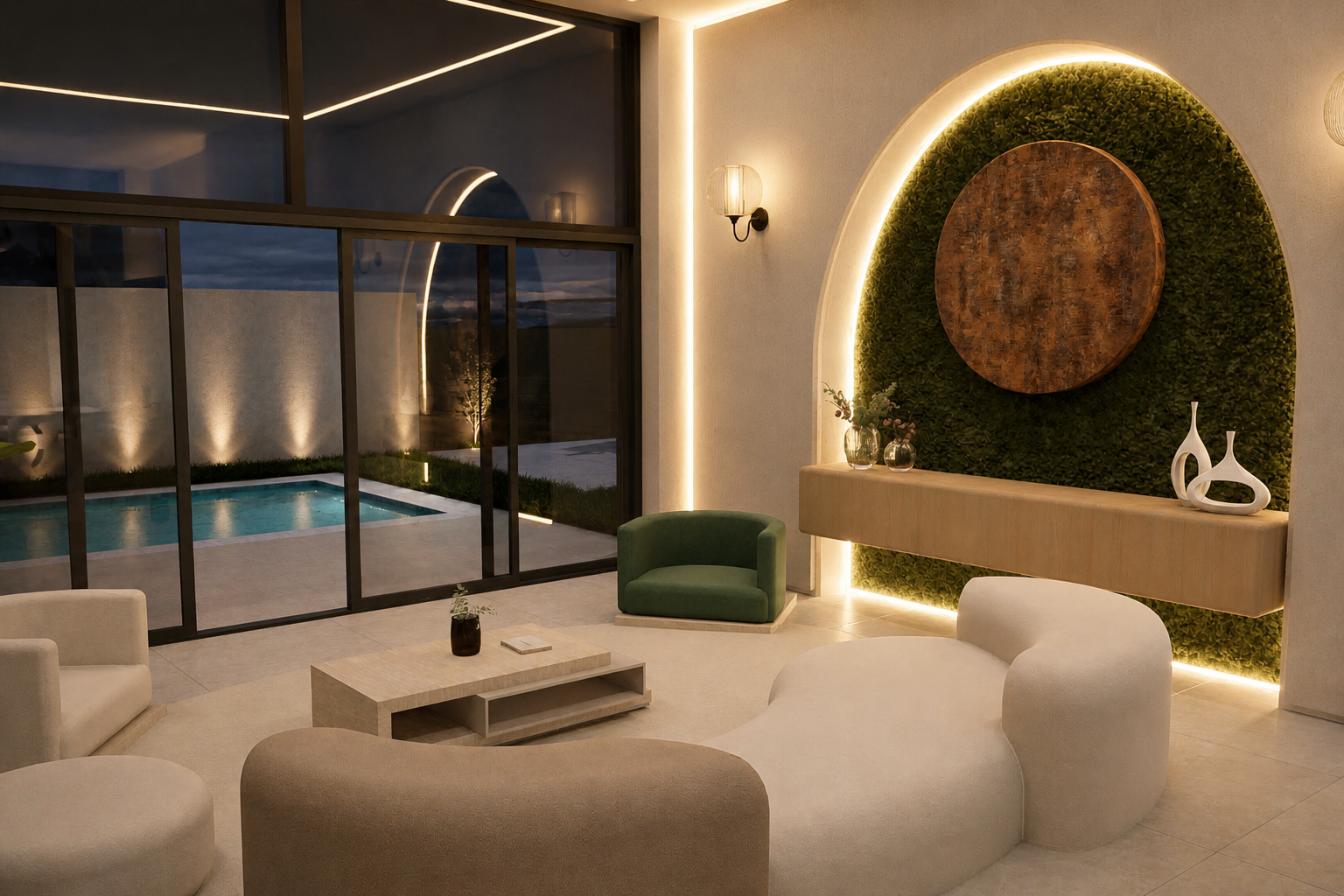 Un coin intimiste pensé comme une véritable parenthèse de détente, où les formes organiques, la palette douce et l’éclairage enveloppant créent une ambiance chaleureuse et apaisante. Le mur végétal, les arches lumineuses et les assises sculpturales apportent à l’ensemble une identité forte et raffinée. 🤍