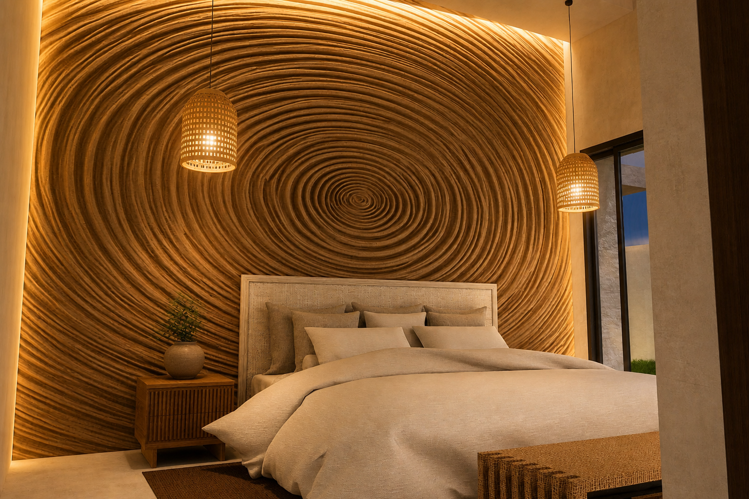 Une suite pensée comme une expérience immersive, où la matière devient le point central du design. Le mur sculptural en relief crée un effet hypnotique, amplifié par un éclairage indirect chaud qui enveloppe l’espace d’une atmosphère apaisante et sensorielle. 🤍