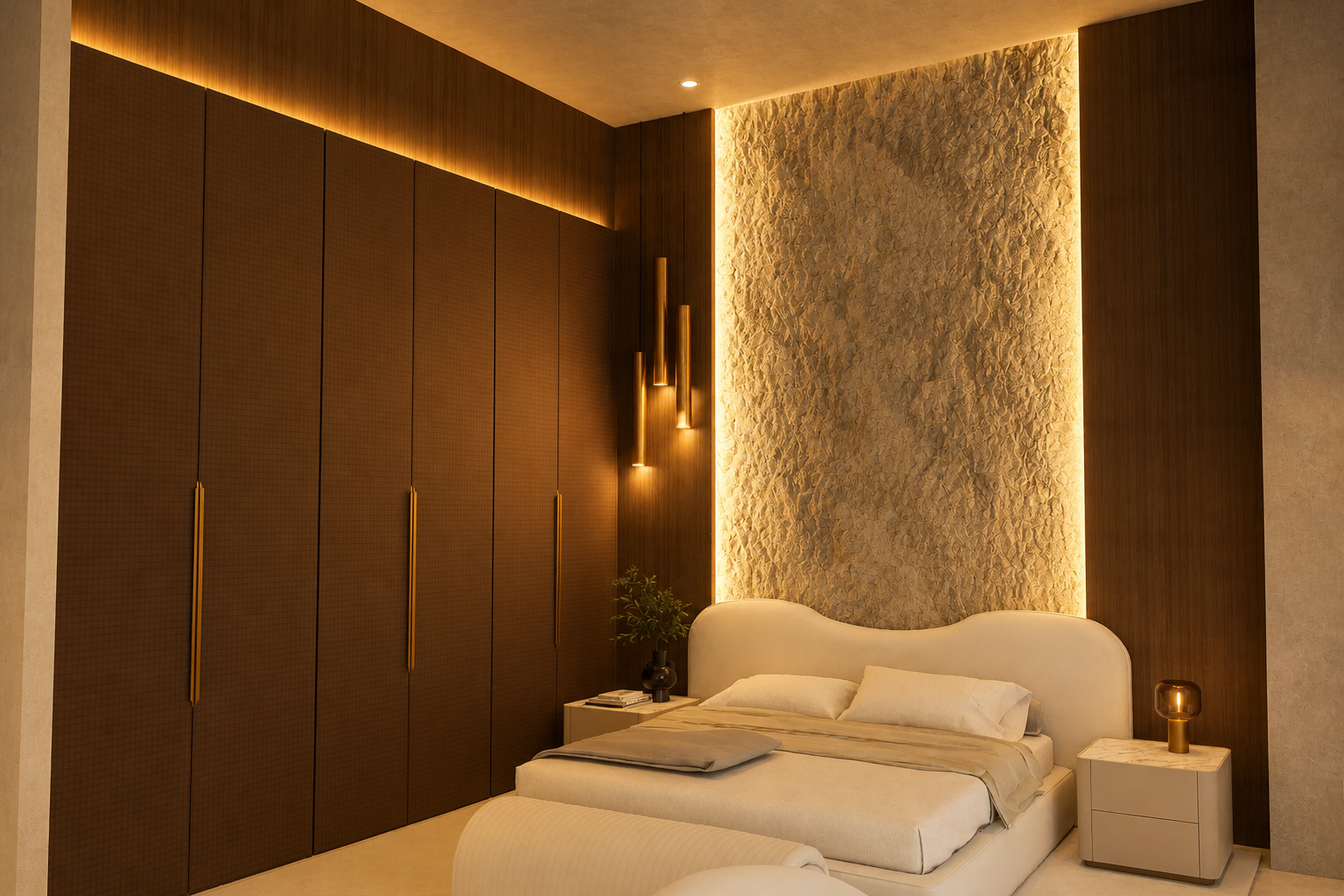 Une suite pensée comme un cocon lumineux, où les matières naturelles et les jeux de lumière créent une atmosphère chaleureuse, élégante et apaisante. Le mur texturé rétroéclairé devient une pièce centrale, apportant relief et profondeur à l’espace. 🤍