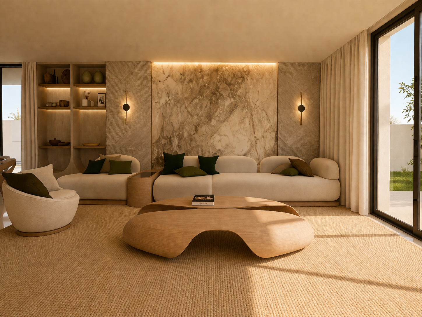 Un espace de vie pensé dans une atmosphère chaleureuse et raffinée, où les matières naturelles, les tonalités douces et l’éclairage tamisé composent une ambiance élégante et apaisante. La salle à manger s’ouvre sur un salon confortable, créant une continuité fluide entre convivialité et confort. 🤍