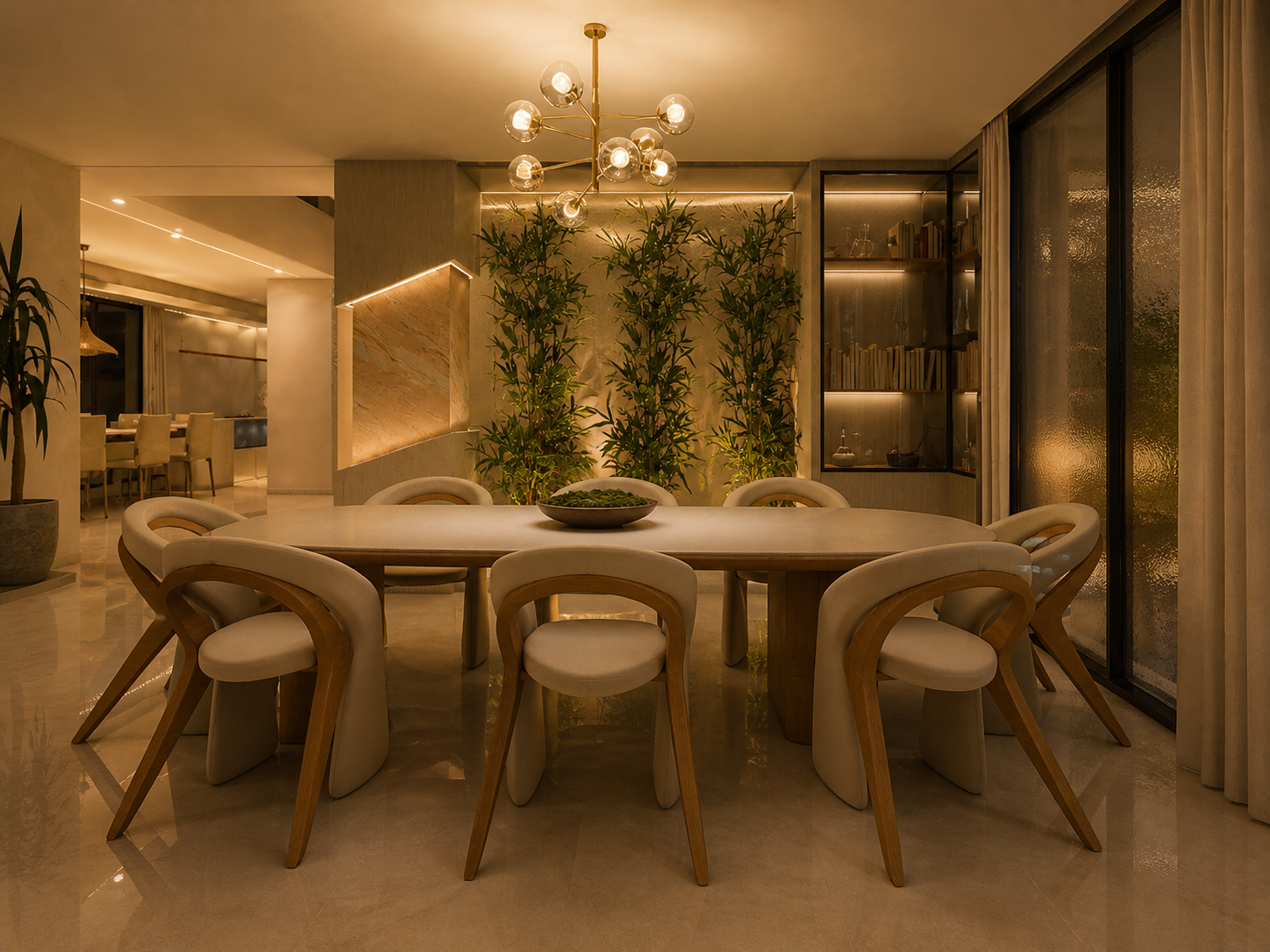 Un espace de vie pensé dans une atmosphère chaleureuse et raffinée, où les matières naturelles, les tonalités douces et l’éclairage tamisé composent une ambiance élégante et apaisante. La salle à manger s’ouvre sur un salon confortable, créant une continuité fluide entre convivialité et confort. 🤍
