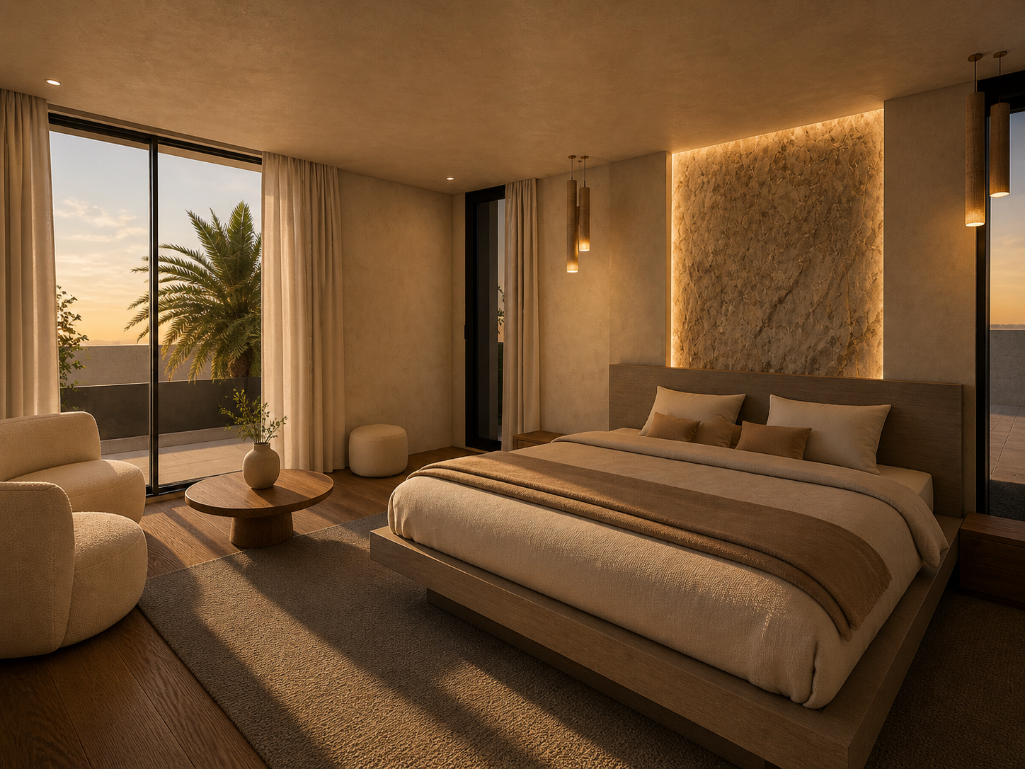 Un espace pensé comme une chambre d’accueil élégante et apaisante, où les matières naturelles, la lumière douce et la composition architecturale créent une atmosphère chaleureuse et raffinée. La vue ouverte et les tons sable renforcent l’impression de calme et de confort. 🤍