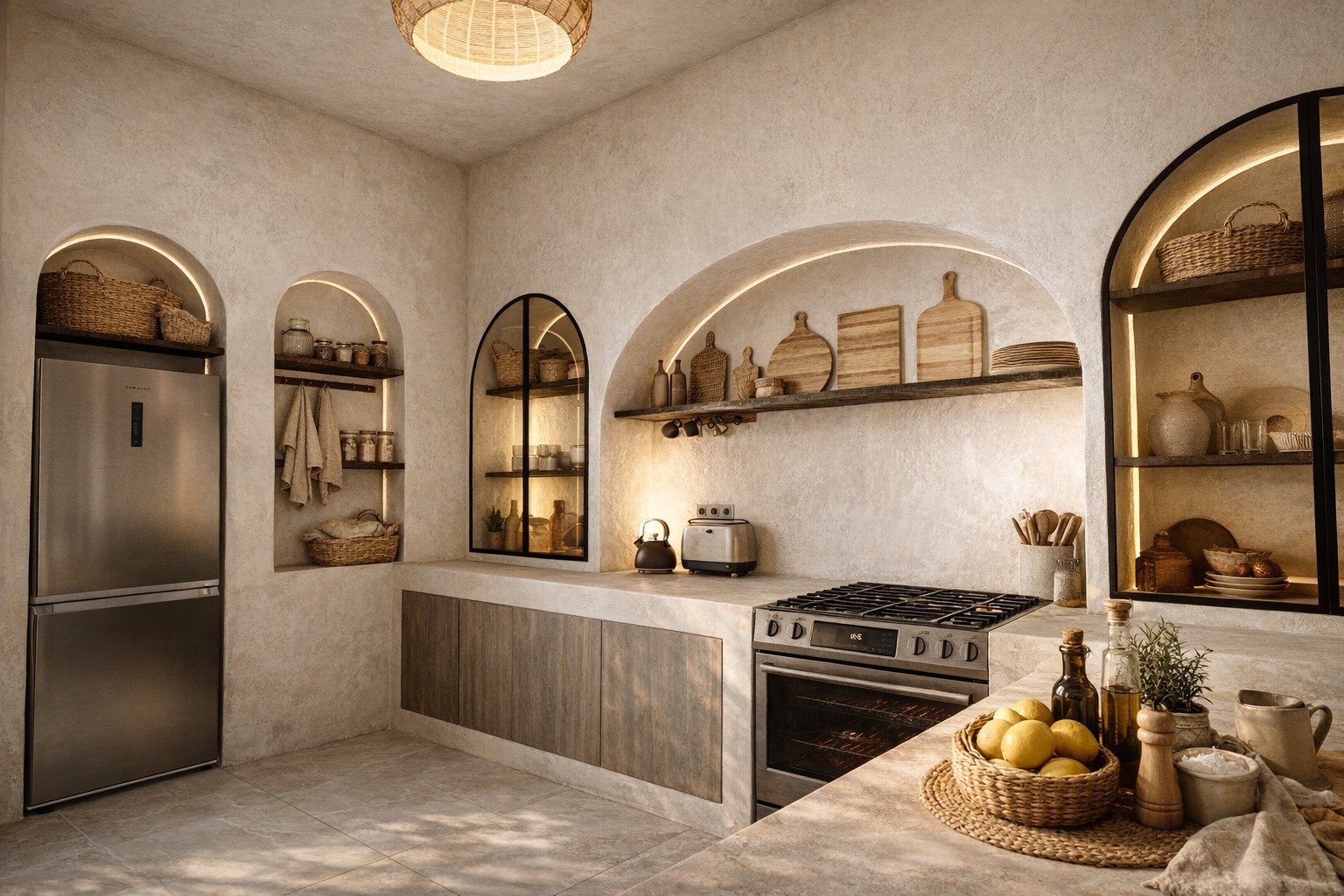Une cuisine pensée comme un espace de vie à part entière, où simplicité et authenticité se rencontrent.Les niches en arches, les matières naturelles et les lignes épurées créent une atmosphère douce, lumineuse et chaleureuse. 🤍