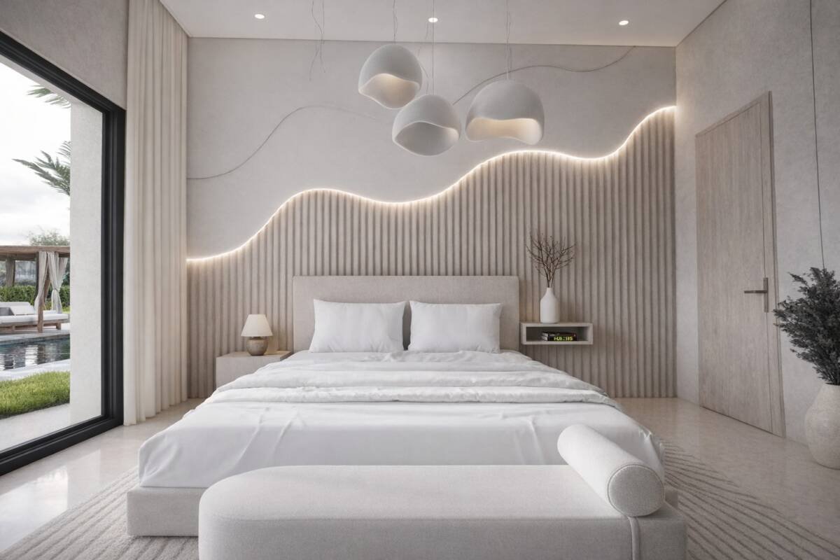 Une suite pensée comme un cocon contemporain, où les lignes organiques et les éclairages intégrés sculptent l’espace avec douceur.La tête de lit ondulante devient une signature forte, apportant mouvement et élégance dans une ambiance minimaliste et apaisante. 🤍