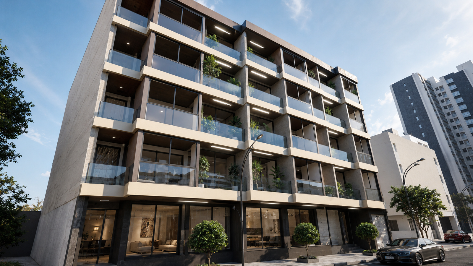 Une résidence pensée autour d’une architecture contemporaine élégante, où les lignes géométriques et les larges ouvertures créent une façade à la fois moderne, lumineuse et intemporelle. Les jeux de volumes, les matériaux minéraux et les touches végétales apportent rythme et sophistication à l’ensemble. 🤍