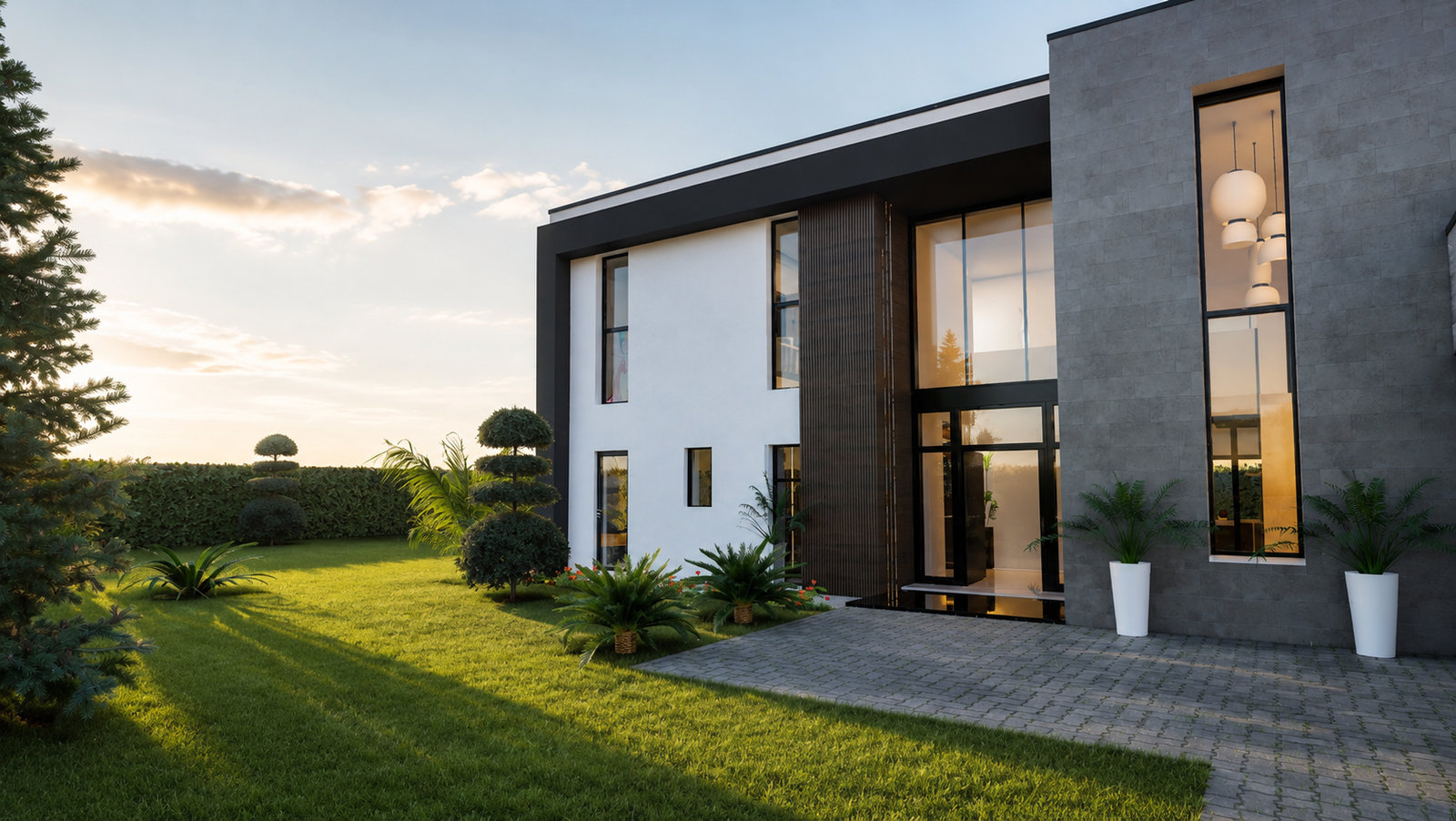 Une architecture aux lignes pures et affirmées, pensée pour conjuguer élégance minimaliste et présence architecturale forte. Les volumes géométriques, les contrastes entre les surfaces blanches, les textures minérales et les touches boisées composent une façade contemporaine à l’esthétique intemporelle. 🤍