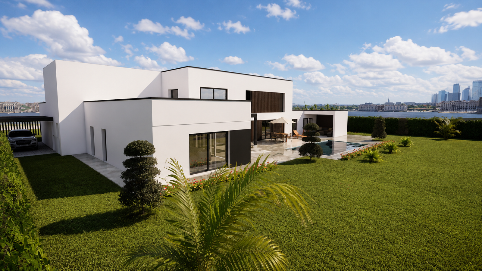 Une villa contemporaine pensée comme un véritable lieu de vie ouvert sur l’extérieur. Les volumes épurés, les lignes horizontales et les larges baies vitrées créent une architecture élégante et lumineuse, parfaitement intégrée à son environnement paysager. 🤍