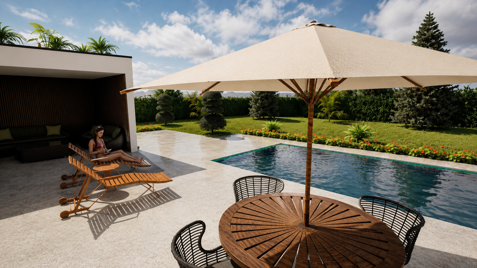 Un extérieur pensé pour offrir une expérience de vie élégante et apaisante. Cette terrasse contemporaine met en scène des matériaux nobles, des lignes minimalistes et une atmosphère chaleureuse sublimée par la lumière naturelle et les reflets de la piscine. ✨