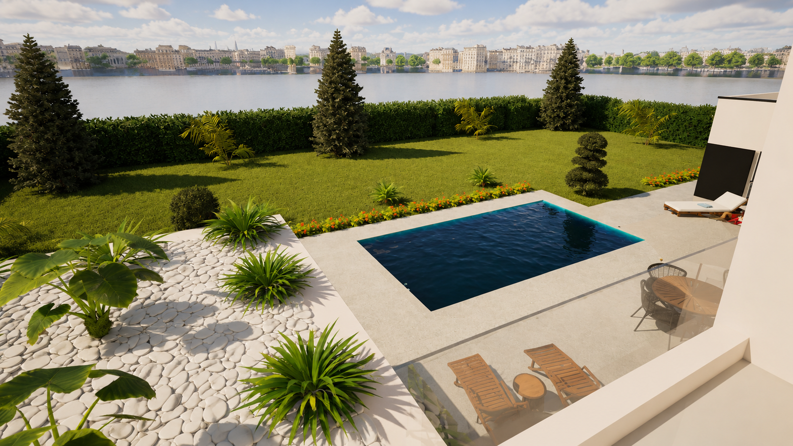 Une villa moderne où architecture minimaliste et espace extérieur s’harmonisent parfaitement autour d’une piscine élégante et raffinée. Les volumes épurés, les façades blanches contrastées par des touches de bois et de noir mat créent une identité visuelle à la fois sobre et luxueuse. ✨