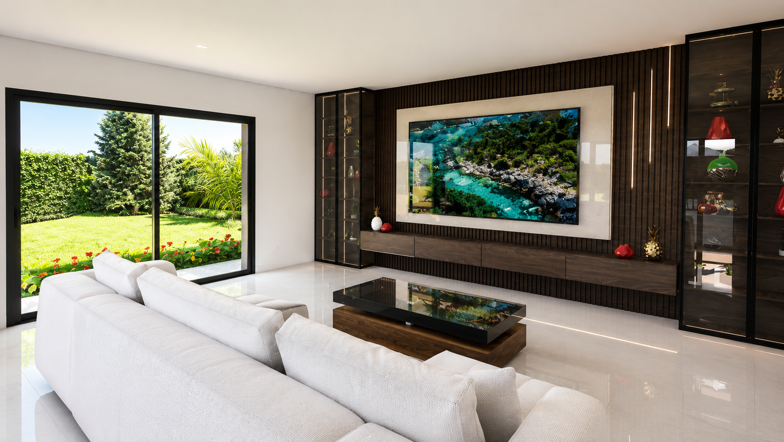 Un espace de vie moderne où élégance, confort et minimalisme se rencontrent dans une ambiance chaleureuse et raffinée. Ce salon ouvert met en valeur des volumes généreux, des lignes épurées et une harmonie parfaite entre bois foncé, surfaces claires et lumière naturelle. 🏡