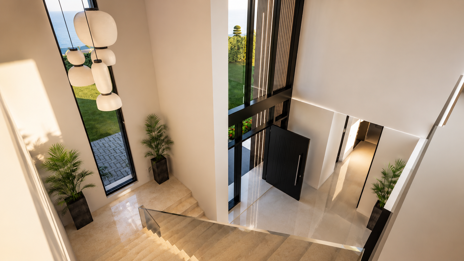 Un espace d’entrée pensé comme une véritable signature architecturale. Avec sa double hauteur, ses ouvertures vitrées généreuses et ses lignes minimalistes, cet escalier contemporain apporte élégance, lumière et sensation de grandeur dès les premiers pas dans la villa. 🏡